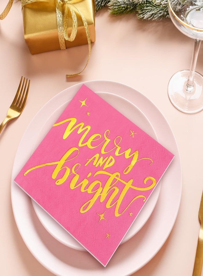 Whaline 80Pcs Christmas Cocktail Napkin Gold Foil Merry and Bright Disposable Paper Napkin Pink Beverage Napkin for Xmas Winter Party Decor - Image 5